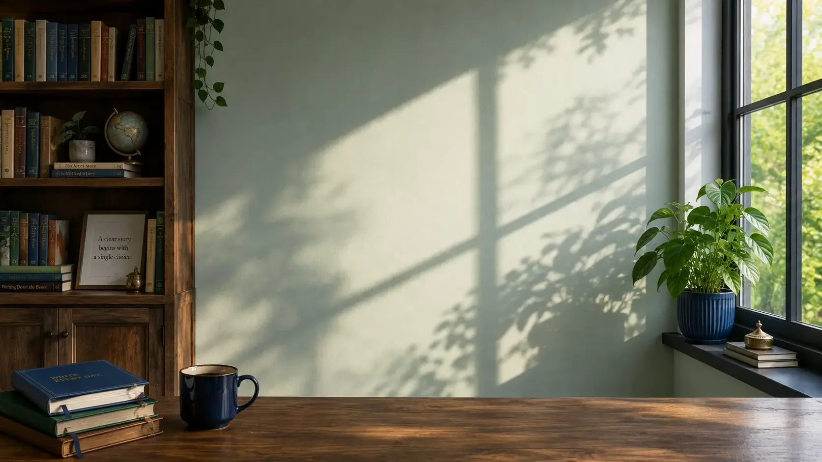 A writer's desk with a stack of books, a mug, and a framed note that reads: a clear story begins with a single choice.